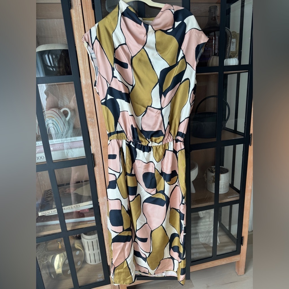 Marc Jacobs silk midi dress cowl mock neck short cap sleeve abstract print knee - Picture 2 of 11